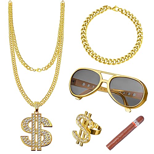 Collar Dólar Anillos Oro, Juego De 5 Piezas Collar De Signo Dólar, Collar De Dólar Con Anillos De Dólar, Adecuado Para La Mayoría De Los Niños y Hombres Ideal Para Hip Hop, Rapper Accesorios