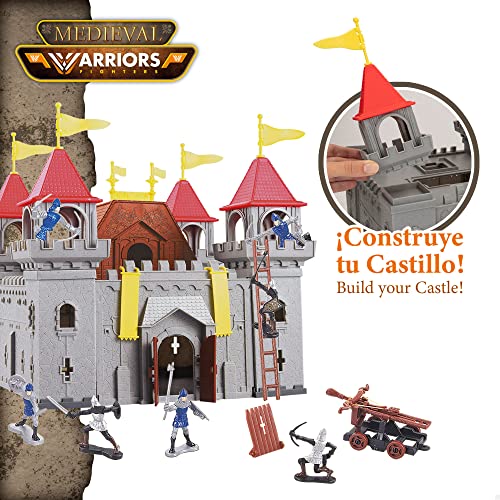 COLORBABY 49770 - Castillo de juguete Medieval Warriors / Castillo para construir, incluye: 12 soldados, 1 escalera, 3 fuertes, 1 balista, 1 catapulta y 1 porta proyectiles con 6 bolas