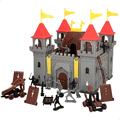 COLORBABY 49770 - Castillo de juguete Medieval Warriors / Castillo para construir, incluye: 12 soldados, 1 escalera, 3 fuertes, 1 balista, 1 catapulta y 1 porta proyectiles con 6 bolas