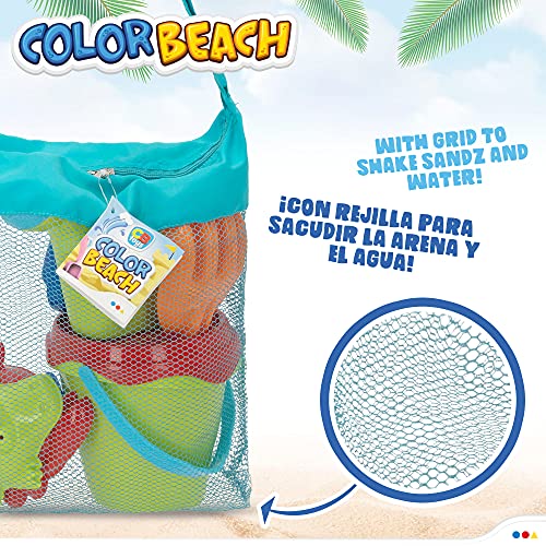 ColorBaby - Juguetes de playa para niños, con Bolsa, Cubo arena, Ø14 cm, cedazo, pala, rastrillo, regadera, barco, moldes, +18 meses (49271)