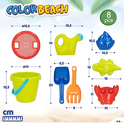 ColorBaby - Juguetes de playa para niños, con Bolsa, Cubo arena, Ø14 cm, cedazo, pala, rastrillo, regadera, barco, moldes, +18 meses (49271)