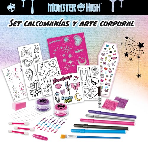 Colorbaby Monster High - Estudio de tatuajes, Body Art infantil, Arte corporal para niños, Incluye plantillas, rotuladores, perlas brillantes, pinzas, purpurina, pincel y esponja, +8 años, 48426