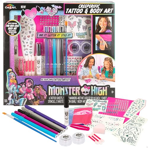 Colorbaby Monster High - Estudio de tatuajes, Body Art infantil, Arte corporal para niños, Incluye plantillas, rotuladores, perlas brillantes, pinzas, purpurina, pincel y esponja, +8 años, 48426