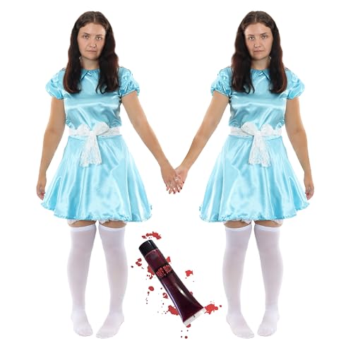 Conjunto de disfraz de hermanas gemelas malvadas para mujer, pequeño y grande, 2 vestidos azules, 2 pares de medias blancas, 2 cinturones blancos y sangre falsa, perfecto para disfraces de personajes