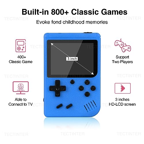 Consola de juegos de mano, consola de videojuegos retro portátil con 800 juegos clásicos de FC, pantalla LCD de 3.0 pulgadas, soporte de consola de juegos retro para conectar TV y dos jugadores (azul)