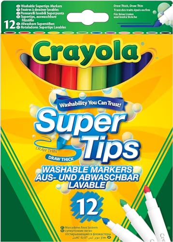 Crayola - Super Tips, Rotuladores Lavables de Punta Media, Paquete de 12, Para la Escuela y el Ocio, 12 Colores, a Partir de 3 Años, 7509