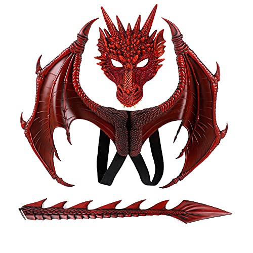 CRTEPST Disfraz de dragón para niños y niñas, juego de máscara de cola de ala de dragón, juego de cosplay de dinosaurio de Halloween para niños (rojo)