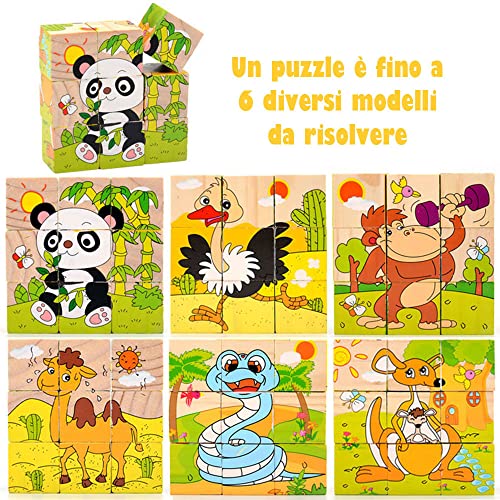 Cubo Puzzle, 3D Picture Cubo Puzzle Juegos 6 en 1 Animales Motivos Puzzle de Madera，Motor Habilidades Juguete,con 6 Motivos de Vida Silvestre，Montessori Preescolar Aprendizaje Juguete