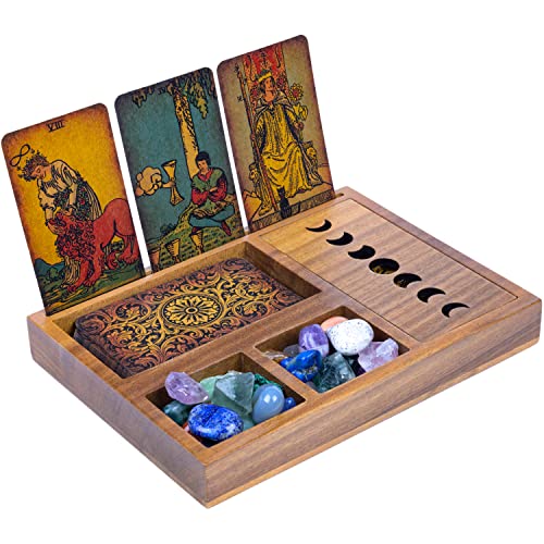 Curawood Tarot Card Holder Box More Immersive Readings 3 Tarot Card Stand & Crystal Holder Moon Phase Design Tarot Display Deck Holder & Crystal Tray Witchcraft Decor Wiccan Altar Supplies, Brown