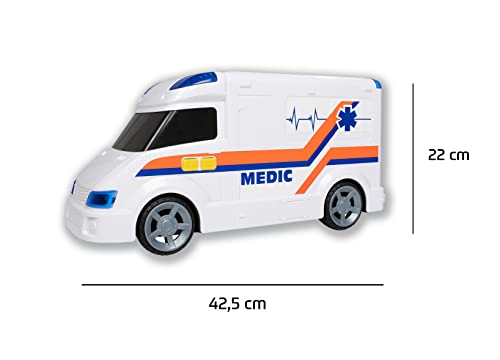 CYPBRANDS Ambulancia con luz y Sonidos, vehículo para niños, Emergencia, urgencias, Ambulancia para niños, vehículo de Hospital, Juguete