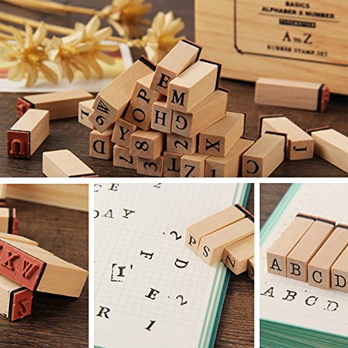 DAJASD Juego de sellos de alfabeto con letras alfabetas, juego de 36 números de letras del alfabeto con caja de almacenamiento de madera, sello para manualidades, diario de manualidades, regalo