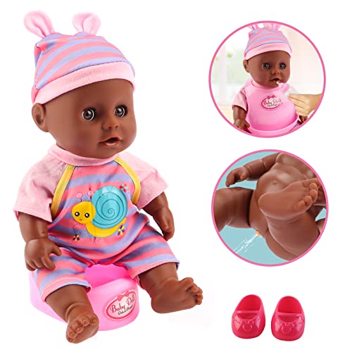 deAO 14" 'My First Baby Doll' Black Baby Doll con Set de Juego de 15 Piezas con Cuna en Miniatura, Móvil, Trona, Accesorios de Alimentación y Muñeco Incluido