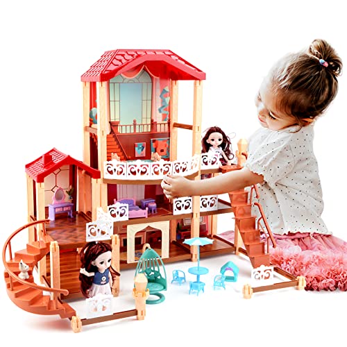 deAO Casa de muñecas para niños Juego de casa de ensueño DIY con 2 muñecas, Muebles, Patio, muñeca de Perro y Accesorios Villa House Regalo de 3 años