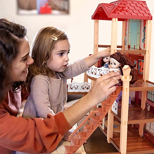deAO Casa de muñecas para niños Juego de casa de ensueño DIY con 2 muñecas, Muebles, Patio, muñeca de Perro y Accesorios Villa House Regalo de 3 años