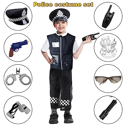 deAO Disfraz de Policía Juego Infantil de Imitación Conjunto de Uniforme Policial Incluye Gorra, Chaleco, Placa, Handcuffs, walkie-talkies Armas de Juguete y más Accesorios