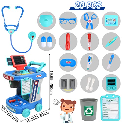 deAO Kids Doctor Kit, 20Pcs Doctor Role Play Set con Carrito Móvil Y Estetoscopio, Juego Médico Educativo Juguetes para Niños Y Niñas Gift 3+