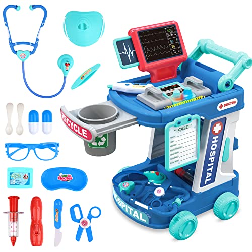 deAO Kids Doctor Kit, 20Pcs Doctor Role Play Set con Carrito Móvil Y Estetoscopio, Juego Médico Educativo Juguetes para Niños Y Niñas Gift 3+