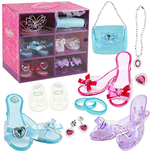 deAO- Role Play Games Princesa Shoe & Jewellery Boutique con 4 Pares de Zapatos, Pulseras, Collar, Bolsa, Pendientes y Tiara de Corona en Forma de Mariposa incluida, Multicolor, Small (PSB)