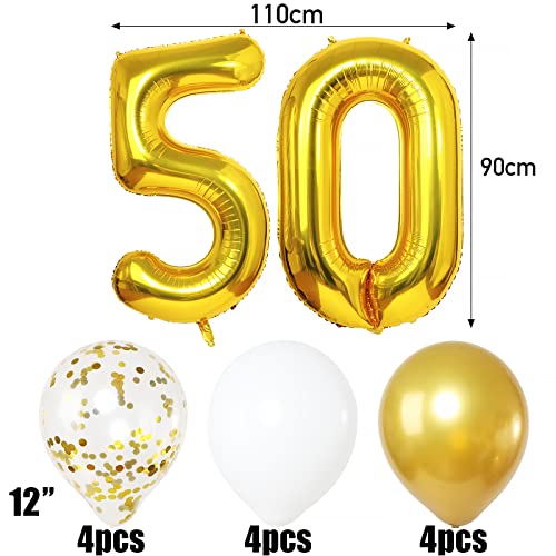Decoración 50 Aniversario Bodas Oro Globos de Papel Aluminio 50 con 12pcs Golobos de Confeti y Látex para Fiesta Cumpleaños 50 Años Oro Blanco