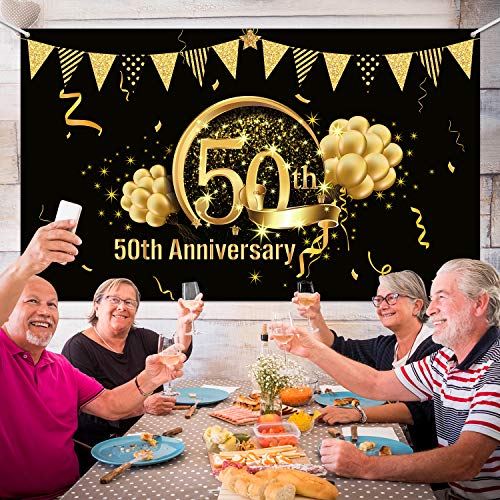 Decoración de Fiesta de Oro Negro de 50 Cumpleaños, Cartel de Oro Negro de Tela Extra Grande para 50 Aniversario Banner de Fondo de Fotomatón, Suministros de Fiesta de 50 Cumpleaños