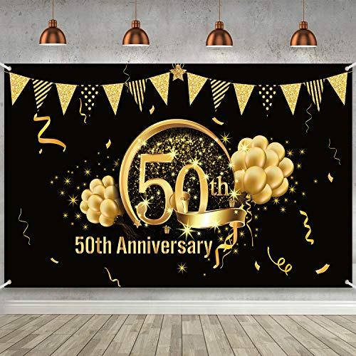 Decoración de Fiesta de Oro Negro de 50 Cumpleaños, Cartel de Oro Negro de Tela Extra Grande para 50 Aniversario Banner de Fondo de Fotomatón, Suministros de Fiesta de 50 Cumpleaños