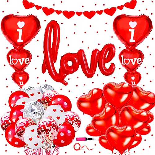 Decoración de globos para el día de San Valentín,Globos de corazón rojo Globos de confeti rojo y pancarta de corazón para el día de San Valentín boda cumpleaños aniversario compromiso decoración