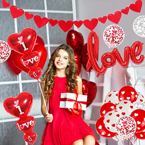 Decoración de globos para el día de San Valentín,Globos de corazón rojo Globos de confeti rojo y pancarta de corazón para el día de San Valentín boda cumpleaños aniversario compromiso decoración