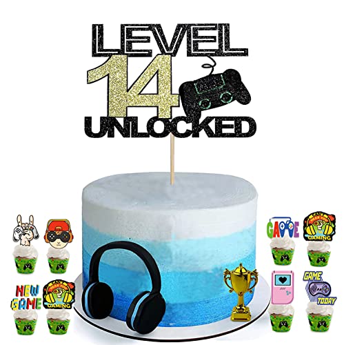 Decoración para tartas, cumpleaños, niño, videojuegos, decoración para tartas, 24 unidades, 14 cumpleaños, decoración para tartas de cumpleaños, nivel 14 sin bloquear, para niños (nivel 14)
