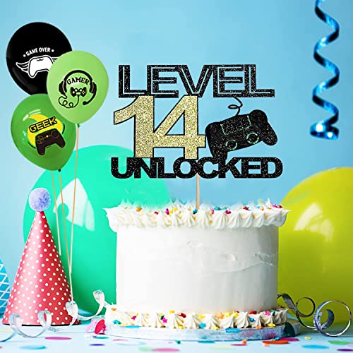Decoración para tartas, cumpleaños, niño, videojuegos, decoración para tartas, 24 unidades, 14 cumpleaños, decoración para tartas de cumpleaños, nivel 14 sin bloquear, para niños (nivel 14)