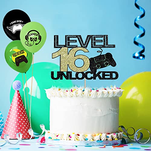 Decoración para tartas de cumpleaños para niños, juego de vídeo, decoración para juegos, 24 unidades, 18 años, "nivel 18 desbloqueado", decoración para tartas para niños (nivel 16)