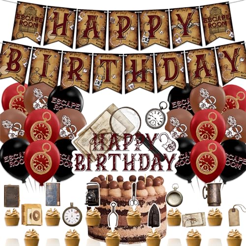 Decoraciones de fiesta de Escape Room Incluidas Escape Room Happy Birthday Banner Topper Cupcake Toppers Globos para Escape Room Cumpleaños Accesorios