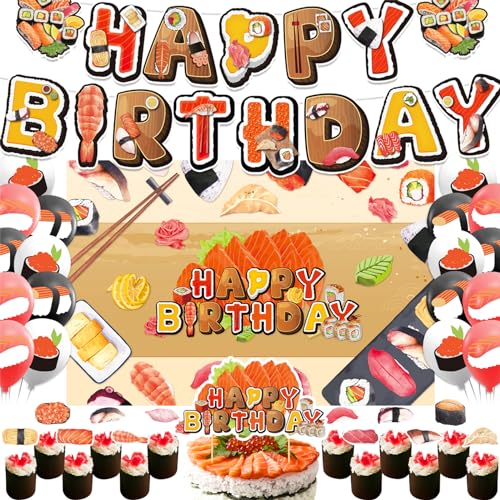 Decoraciones de fiesta de sushi Decoraciones japonesas de cumpleaños Incluye Sushi Happy Birthday Banner Backdrop Pastel Topper Cupcake Toppers Globos para Sushi Birthday Party