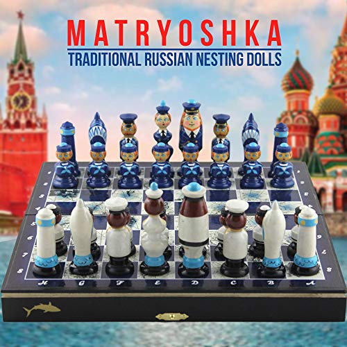 Decoraciones náuticas para el hogar, juego de ajedrez temático con piezas de ajedrez hechas a mano, muñecas rusas de madera, decoración de playa o velero, regalo divertido para navegantes