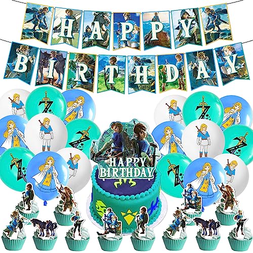 Deluisho Decoraciones Cumpleaños de Zelda Decoraciones de Fiesta de Cumpleaños Juego Decorativo Bandera Tira de la Combinación de Globos de Película de Aluminio de Látex