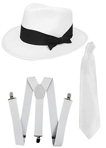 DELUXE 1920S GANGSTER FANCY DRESS SET - TRILBY HAT + SUSPENDER BRACES +TIE (White Hat)