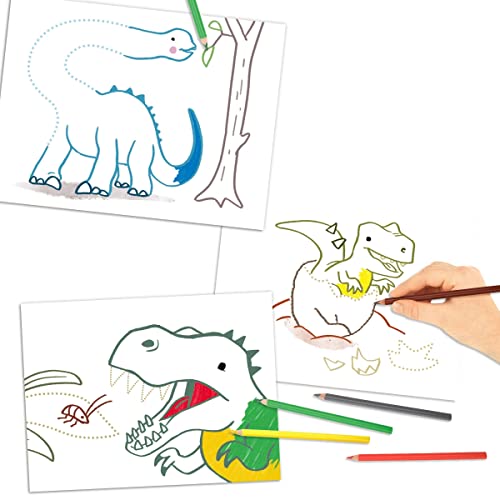 Depesche 12010 Dino World-Libro Punto con 48 páginas para Crear Motivos de Dinosaurios, Cuaderno para Colorear con Dibujos preimpresos de líneas parcialmente punteadas para trazar, Multicolor