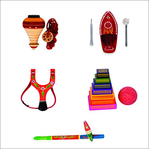 Desi Toys Paquete de 5 Khel | Gilli Danda + Peonza + Putt Putt Nav + Lagori + Tirachinas Gulel | Juegos Indios clásicos y nostálgicos | Diversión y Aprendizaje | Juegos al Aire Libre e Interiores