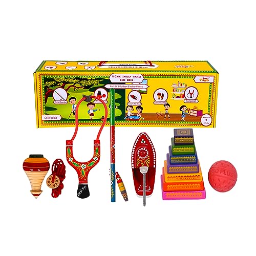 Desi Toys Paquete de 5 Khel | Gilli Danda + Peonza + Putt Putt Nav + Lagori + Tirachinas Gulel | Juegos Indios clásicos y nostálgicos | Diversión y Aprendizaje | Juegos al Aire Libre e Interiores