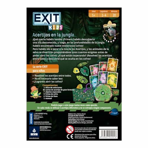 Devir - Exit Kids: Acertijos en la Jungla, Juego de Mesa en español, Juego de Mesa con Amigos, Escape Room, Juegos de Misterio, Juego de Mesa Adulto (BGEXIT22SP)
