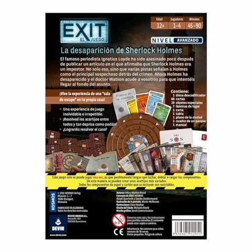 Devir - Exit: La Desaparición de Sherlock Holmes, Juego de Mesa en español, Juego de Mesa con Amigos, Escape Room, Juegos de Misterio, Juego de Mesa Adulto (BGEXIT23SP)