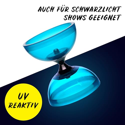 Diabolo Freizeitsport Juego de malabares Pro Clear con transparente (turquesa), UV reactivo para efectos de iluminación impresionantes, con palillos de mano, cuerda de repuesto (160 cm) e