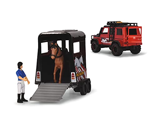 Dickie Toys - Juego de Remolque de Caballos (42 cm) - Camión de Juguete Rojo y Negro con Remolque de Caballo, Caballo y Jinete - para niños a Partir de 3 años
