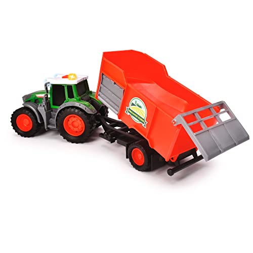Dickie Toys – Tractor Fendt de Juguete con Remolque, 26 cm, con, luz, Sonido y Otras Funciones, Incluye Accesorios para el Remolque, Adecuado a Partir de 3 años (203734001)