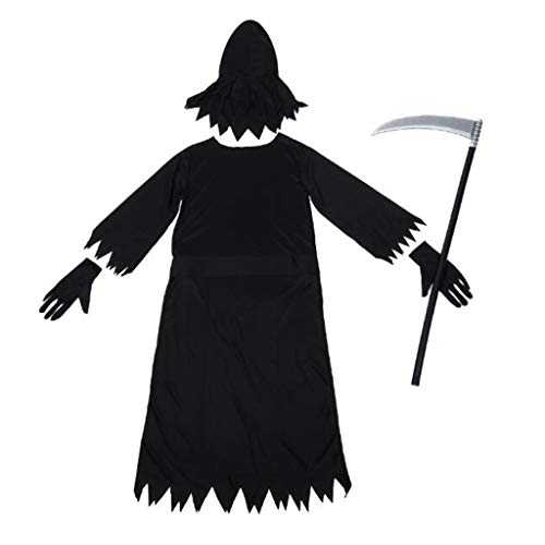 Disfraz Grim Reaper, Disfraz de Halloween de terror para niños Disfraz de Cosplay Reaper, Utilizado para Halloween /Carnaval /Pascua /Fiesta /Dos dimensiones/Grabación videos cortos, negro, Menores 17