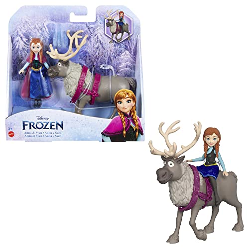 Disney Frozen Minis Anna y Sven Muñeca pequeña con reno de juguete, +3 años (Mattel HLX03)