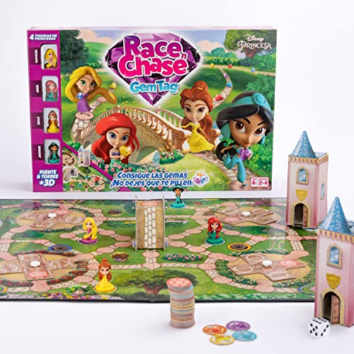 Disney Juego de Mesa Princess Race N Chase, 4 Piezas de Juego de Princesa Incluidas, Belle, Ariel, Rapunzel y Jazmín, Gran Regalo para niños, a Partir de 4 años