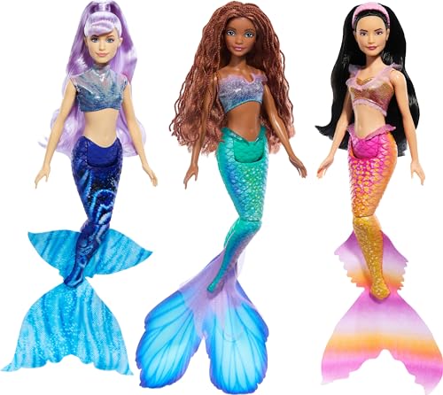 Disney La Sirenita Pack 3 hermanas Muñecas sirenas con pelo largo, juguete +3 años (Mattel HND29)