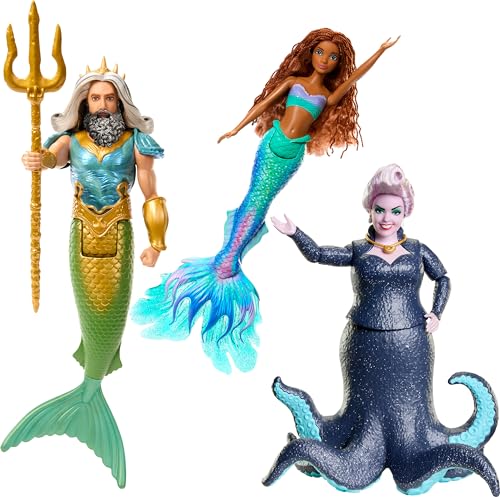 Disney La Sirenita , Pack de 3 muñecas de colección, Ariel + Ursula + Rey Tritón, regalo para niños y niñas +3 años, HND28