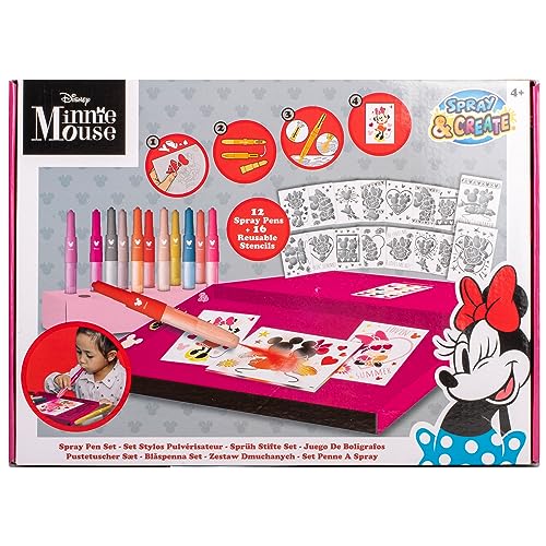 Disney - Minnie Mouse - Juego de bolígrafos con pulverizador - Lápices para colorear para niños - Juego de lápices de colores y páginas para colorear