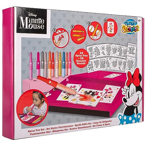 Disney - Minnie Mouse - Juego de bolígrafos con pulverizador - Lápices para colorear para niños - Juego de lápices de colores y páginas para colorear